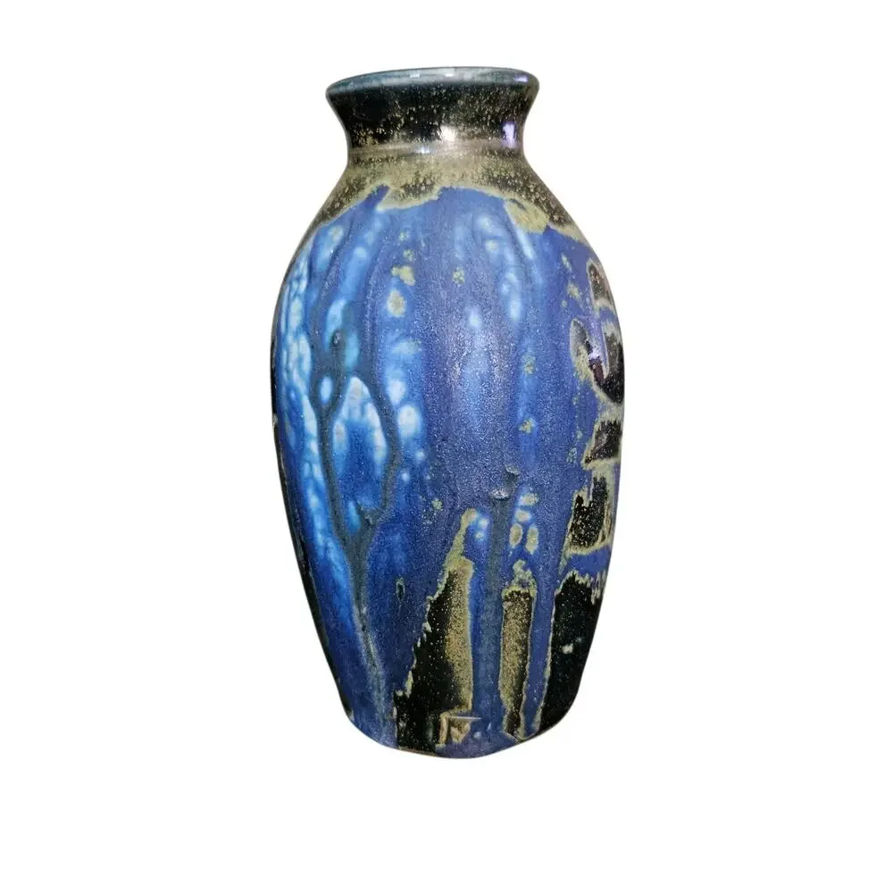 Vintage Studio Art Pottery Drip Glaze Blue Black Stoneware Vase 6in Signed